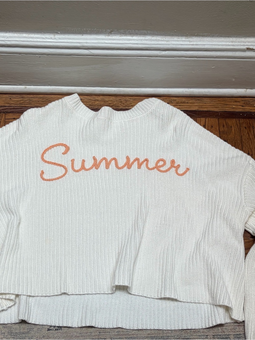moon & madison White Knit Sweater with Peach 'Summer' Script